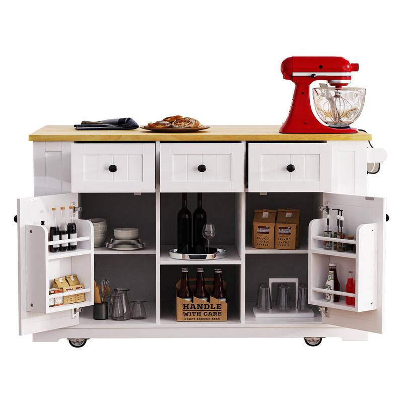 53.14'' Kitchen Island with Drop Leaf, Power Outlet, Door Internal Storage Rack, Rolling Wheels and Drawers