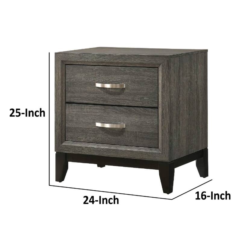 25 Inch Modern 2 Drawer Nightstand, Metal Handle, Grey Foil Finish