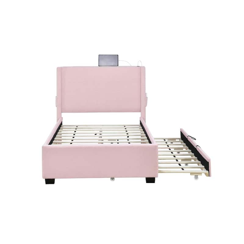 Baby Pink Modern Twin Size Upholstered Bed with Trundle and USB