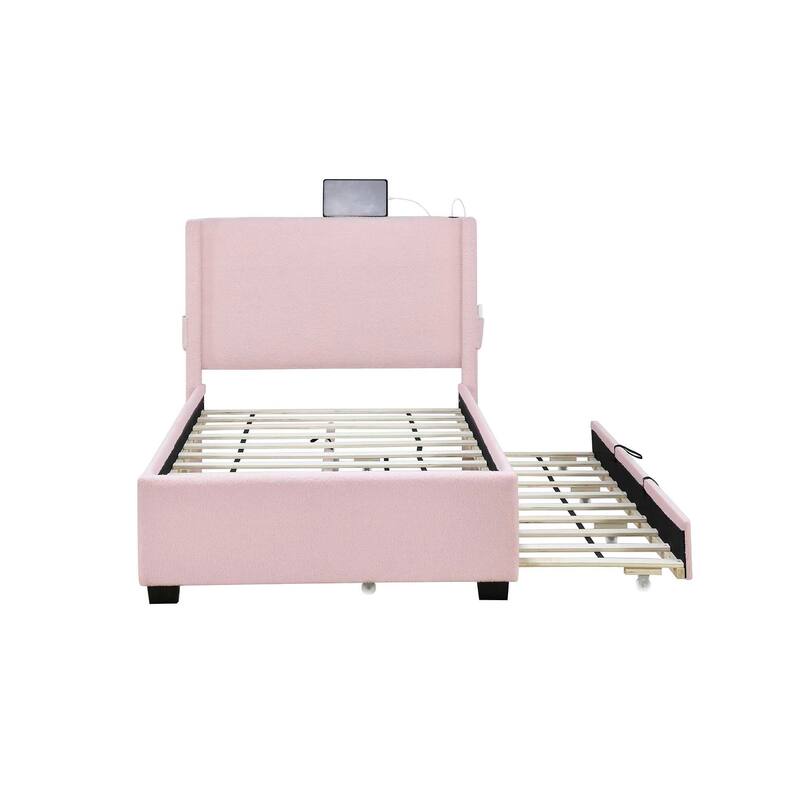 Twin SIZE UPHOLSTERED BED FRAME WITH TRUNDLE BED, TEDDY FABRIC, USB FUNCTIONALITY, AND A POCKET DESIGN ON THE SIDE