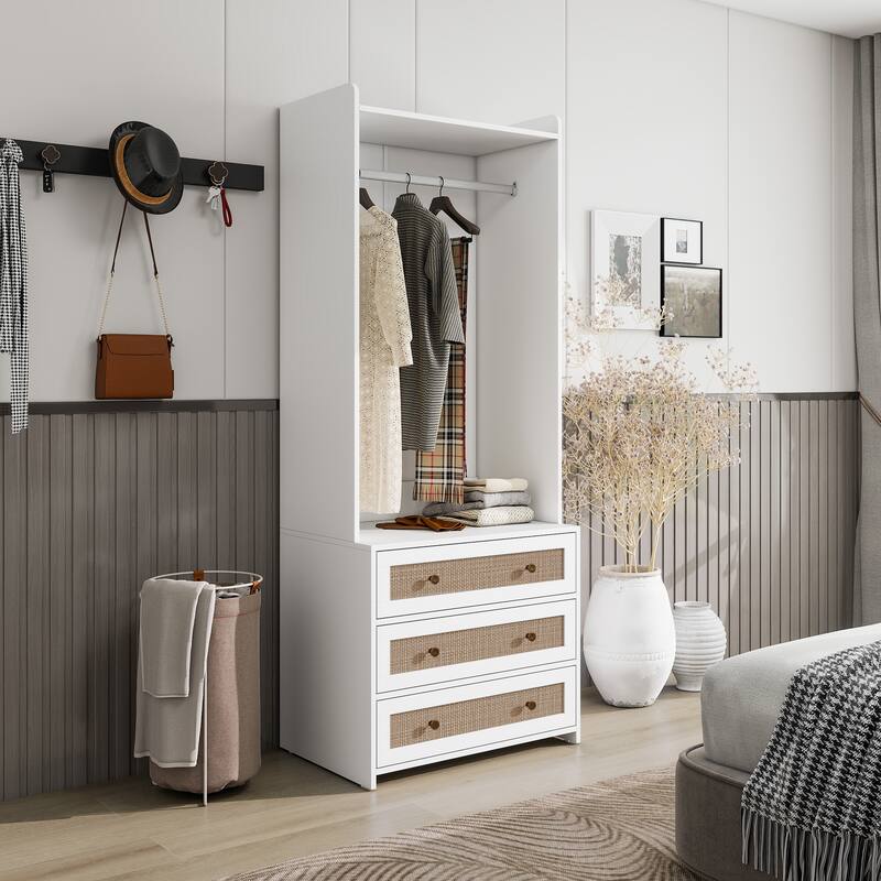 GDFStudio - NordRattan Modern White High Wardrobe Armoire with Rattan Drawers and Hanging Rod