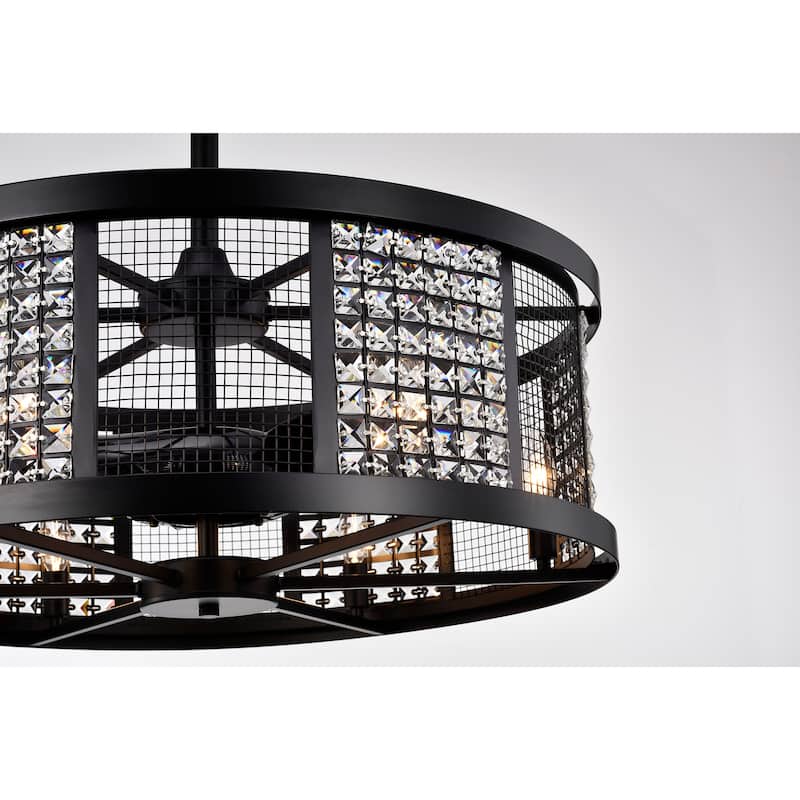 Hania Matte Black Ceiling Fan 29-Inch 6-Light Geometric Metal & Crystal Drum Shade (Includes Remote)