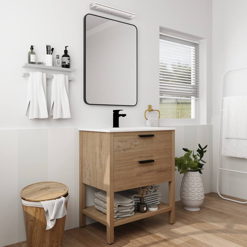 GDFStudio - Everett Modern Freestanding Bathroom Vanity with Dual Soft-Close Drawers - 30 Inch - Imitative Oak + White Ceramic Sink