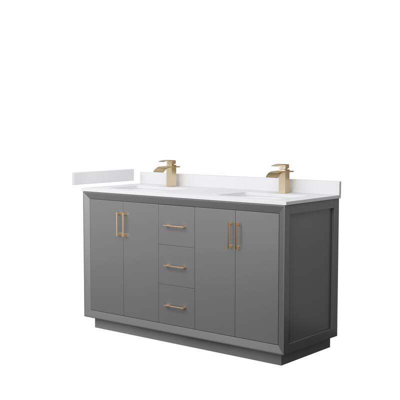 Strada 60-Inch Double Vanity Set, Cultured Marble Top - Dark Gray, Bronze Trim, White Cultured Marble Top