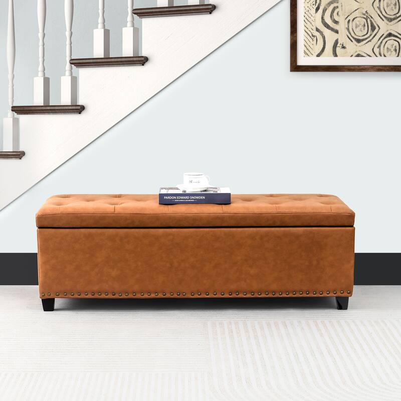 Adeco 46" Faux Leather Storage Ottoman Bench with Nailhead Trim