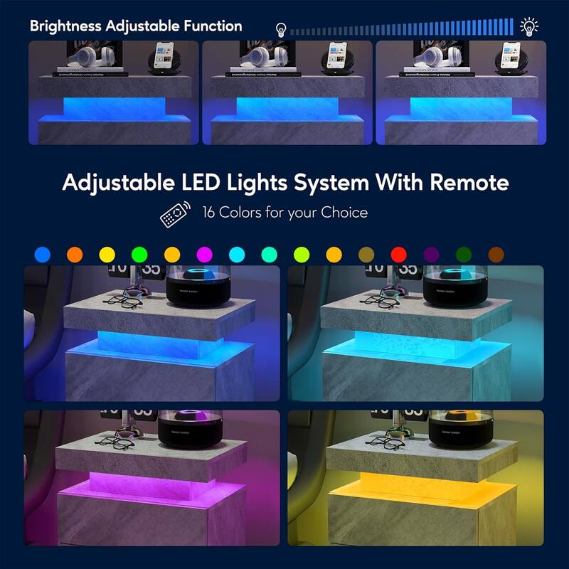 Modern Nightstand Sofa Side Table with 2 Drawer and Adjustable LED Lights for Bedroom Living Room