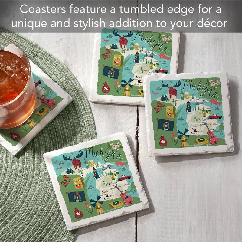 Michigan Home 4-Pack Absorbent Stone Coasters with Protective Cork Backing 4" Square Made in The USA Artistic Easily Wipes Clean
