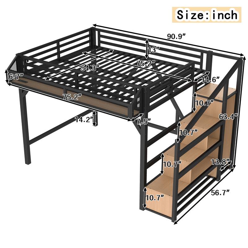 Noise-reduced Design Metal Loft Bed Frame with Storage Stairs, Shelves, Built-in Wardrobe, Light Strip and Charging Station