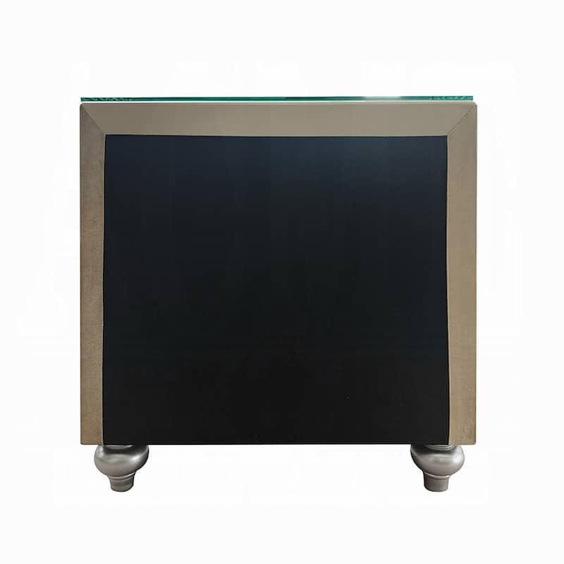 Willa Nightstand, 2 Drawers, Pull Out Tray, 27 Inch Wood, Beige Velvet