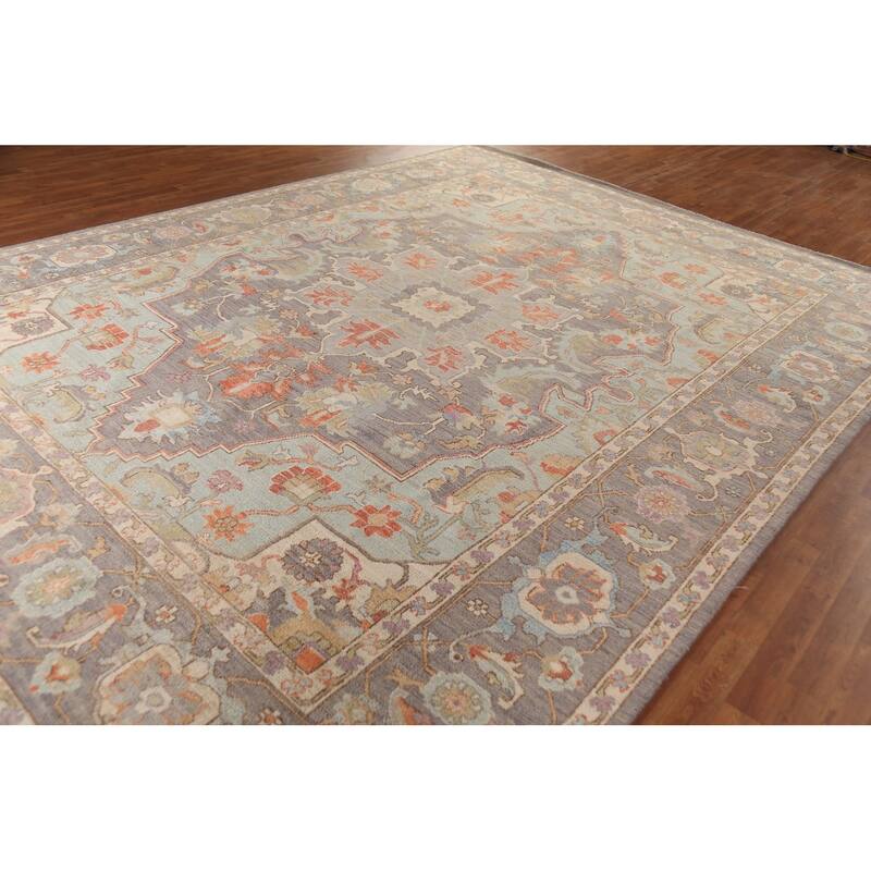 Vegetable Dye Oushak Turkish Large Area Rug Handmade Grey Wool Carpet - 10'2"x 13'9"