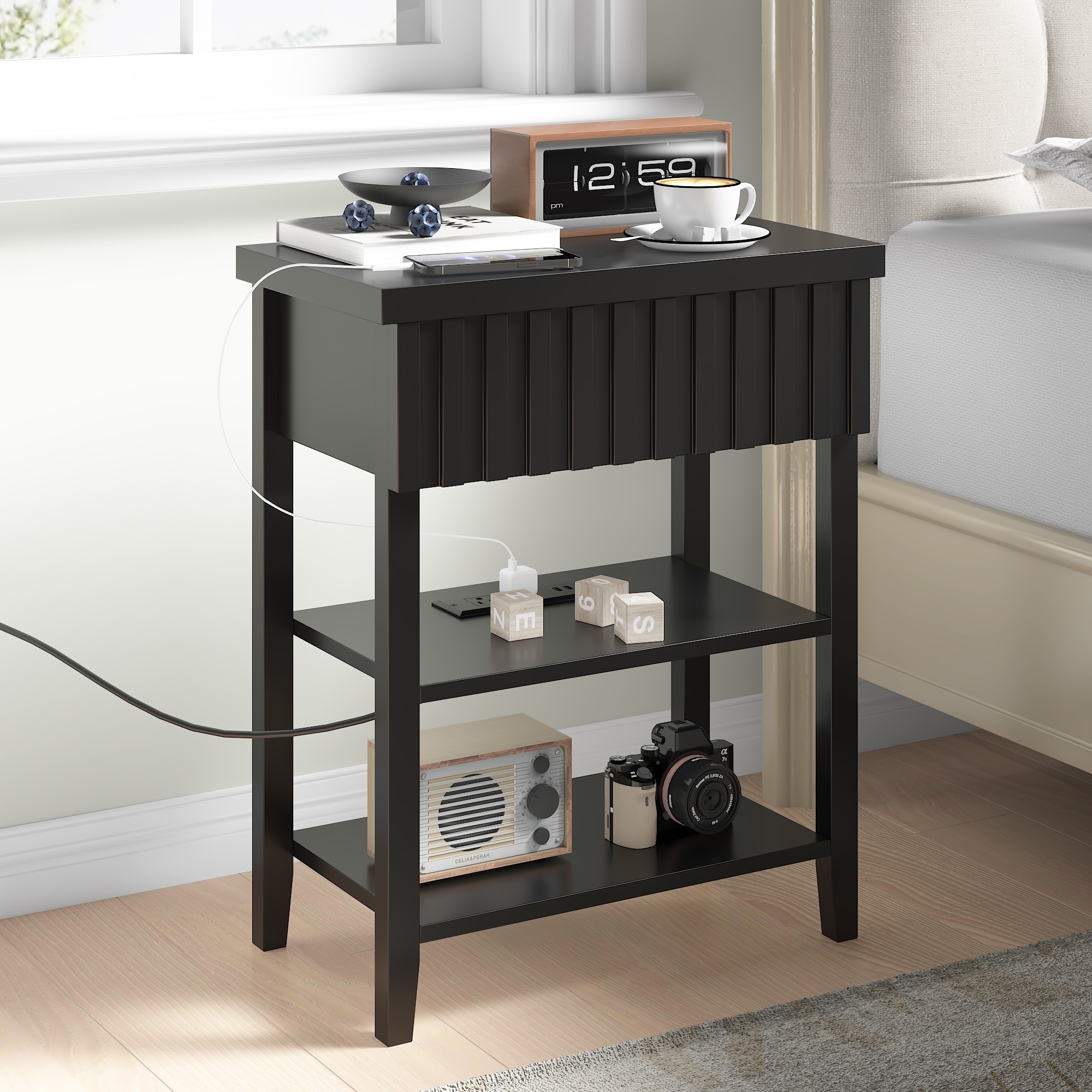 Fluted Nightstand with Charging Station Farmhouse Night Stand with Drawer & 2 Open Storage Shelves Modern Side Table