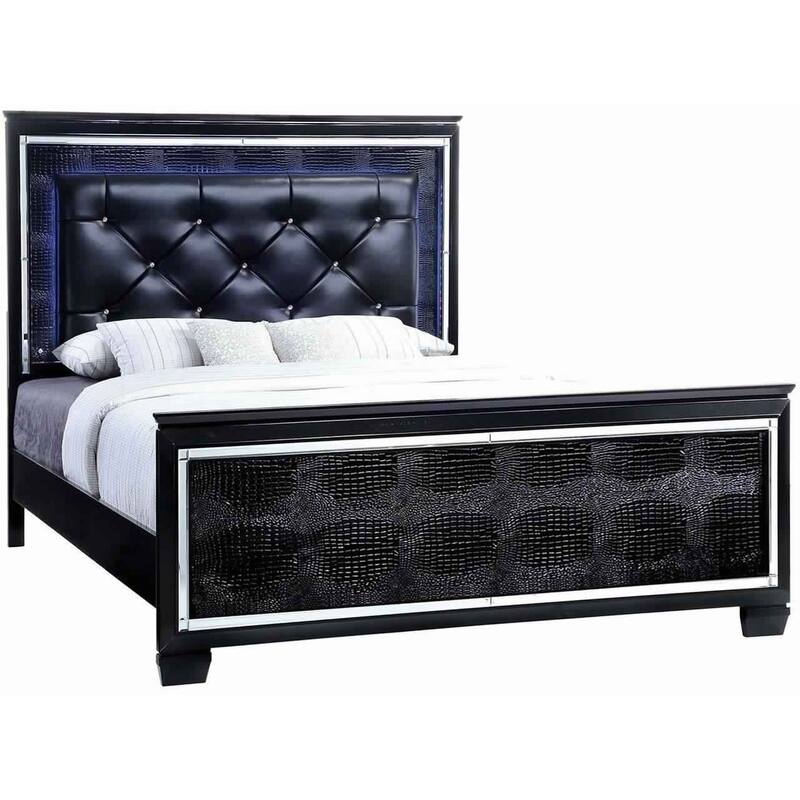 Textured Eastern King Size Bed with Silver Trim Accents, Black