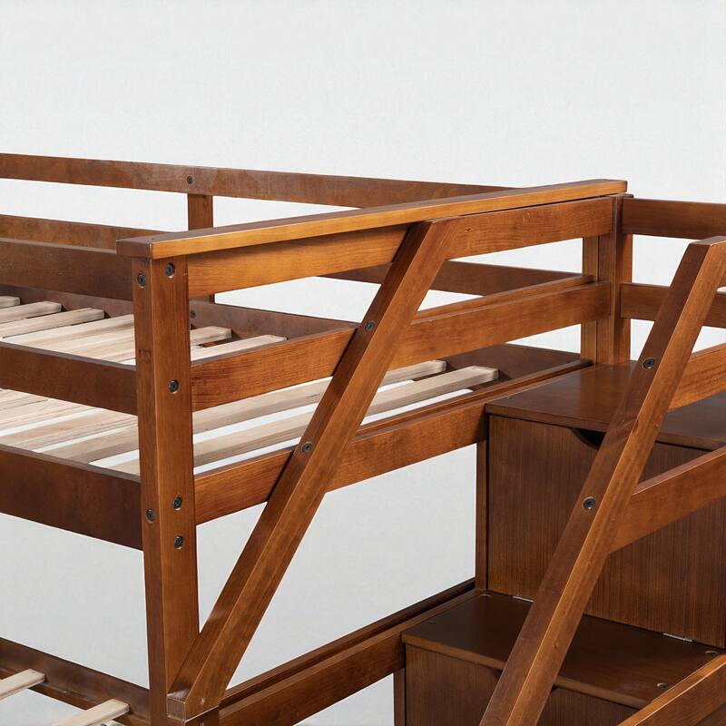Twin Over Twin Bunk Bed with Trundle and 3 Storage Stairs, Solid Wood Frame, No Box Spring Required