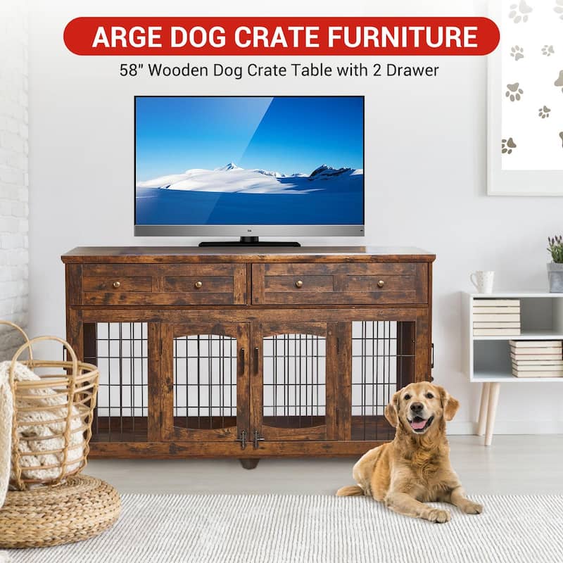 Double Dog Crate Furniture with Drawers, Removable Divider, and Storage Table