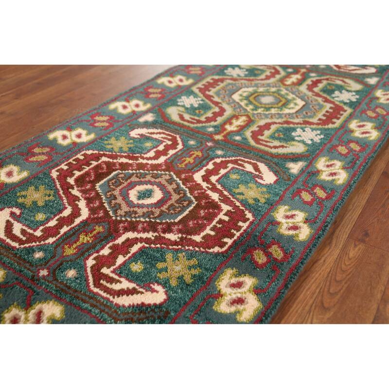 Green Geometric Kazak Indian Runner Rug Handmade Wool Carpet - 2'5"x 9'10"
