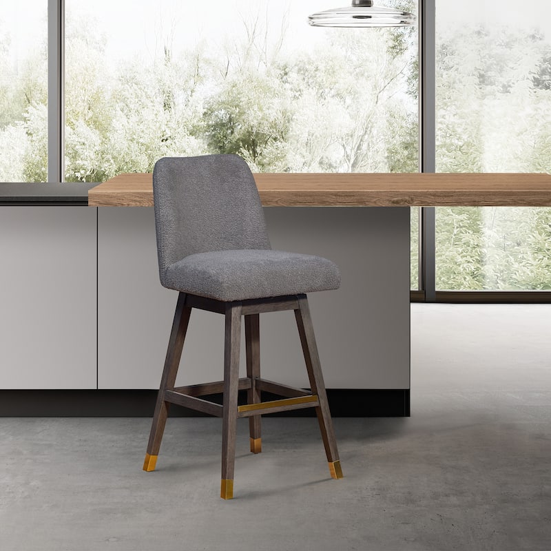 Amalie Upholstered Bar Stool, Swivel Counter Height Stool with Solid Wood Frame - Single - Grey Boucle - Bar Height