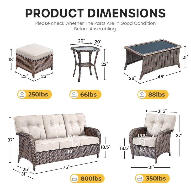 Gymojoy Outdoor Wicker Patio Furniture Set, 5" Thick Cushioned Rattan Conversation Set with Sofa & Chairs