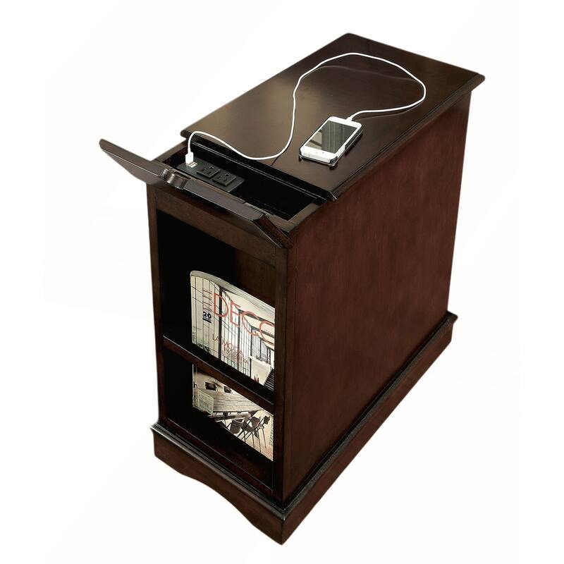 Transitional Side Table with Pull-Out Cup Holder and Built-In USB Outlet