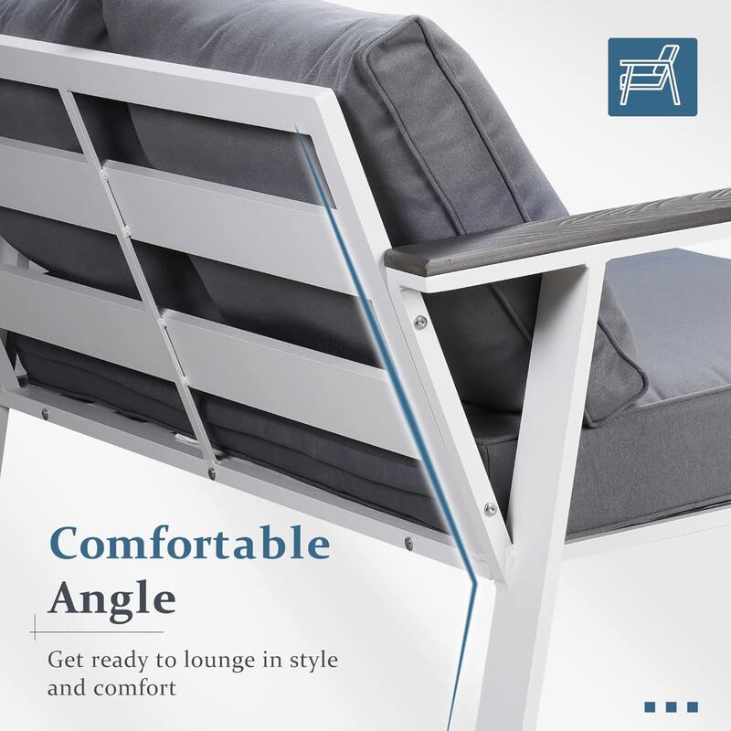 52" Aluminum Patio Loveseat with Wood Armrests & Angled Backrest - White & Light Grey