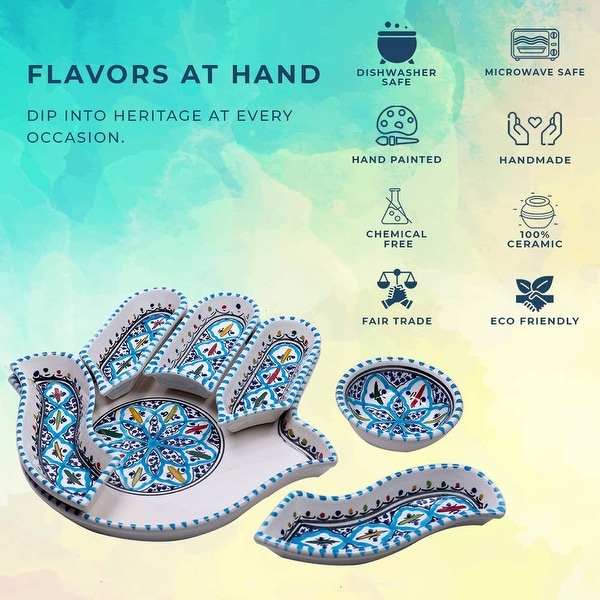 Hamsa Ceramic Dipping and Serving Set, 6-Piece, Dishwasher Safe