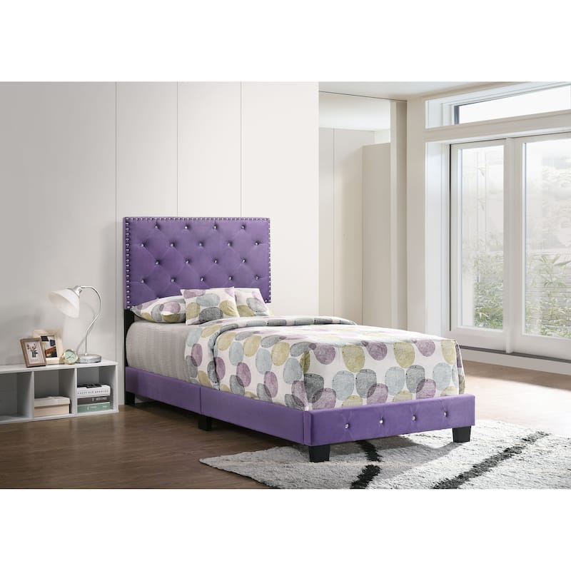 Suffolk Velvet Upholstered Jewel Accent Tufted Nailhead Panel Bed - Purple - Twin