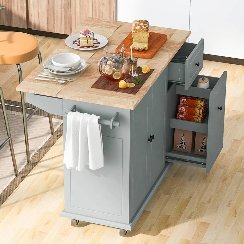 Rolling Kitchen Cart with Drop Leaf, Storage Rack, and 3-Tier Cabinet Organizer