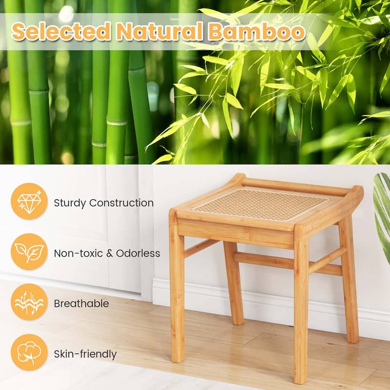 Costway Bamboo Vanity Stool Rattan Top Ottoman Footrest for Living