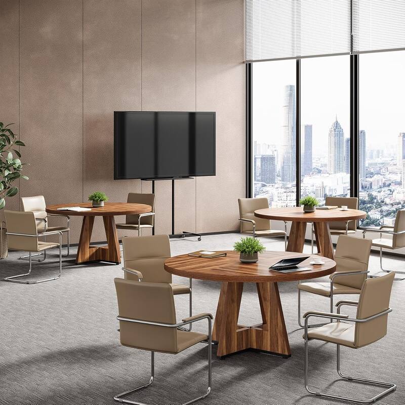 47" Round Conference Table Meeting Room Table with Thickened Top Wood Base Modern Training Desk for Conference/Seminar Room