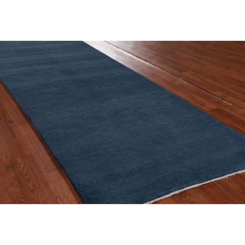 Hand Knotted Oriental 100% Wool Carpet Modern Solid Navy Blue & Blues Gabbeh Runner Rug - 8' 2'' X 2' 8''