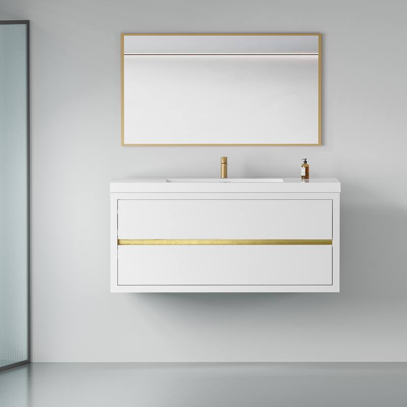 GDFStudio - Maxwell Floating Bathroom Vanity with Stone Resin Countertop & Soft-Close Drawers - 48" - Glossy White