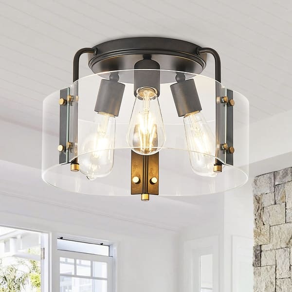 Modern 3Light Black Semi Flush Mount Ceiling Light Fixture with Glass
