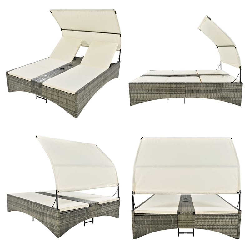 Outdoor Rattan Sun Daybed with Shelter Roof with Adjustable Backrest