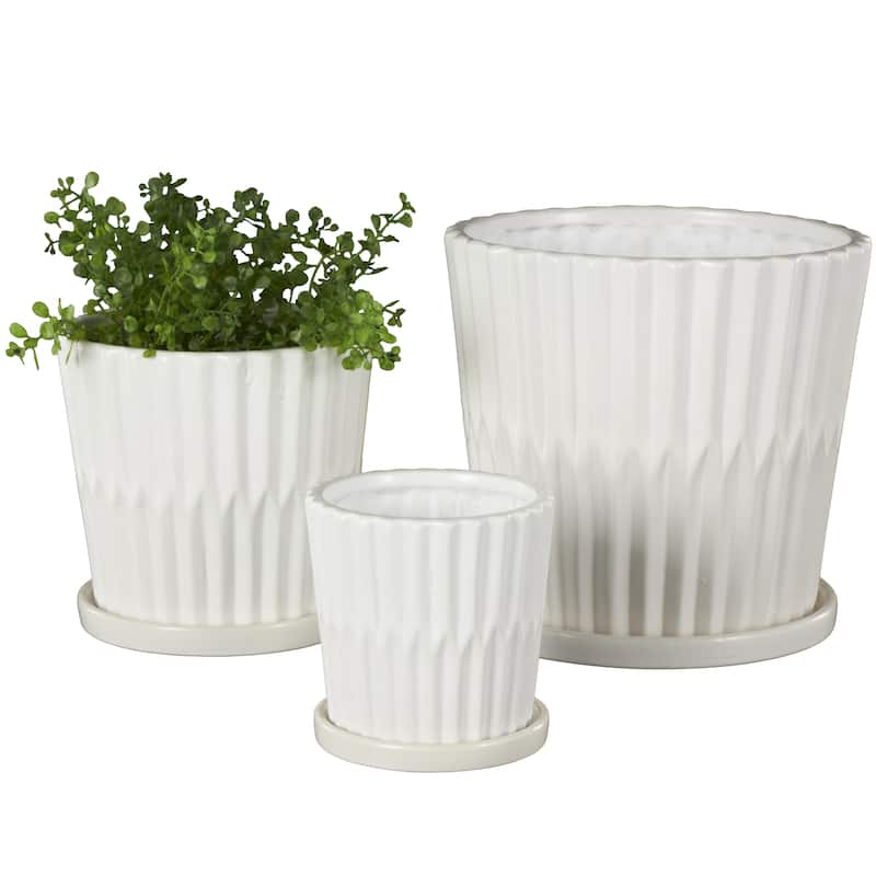 Ceramic Ribbed Indoor Outdoor Planter with Attached Saucer - Set of 3 Black or White - Roche River Decor - White