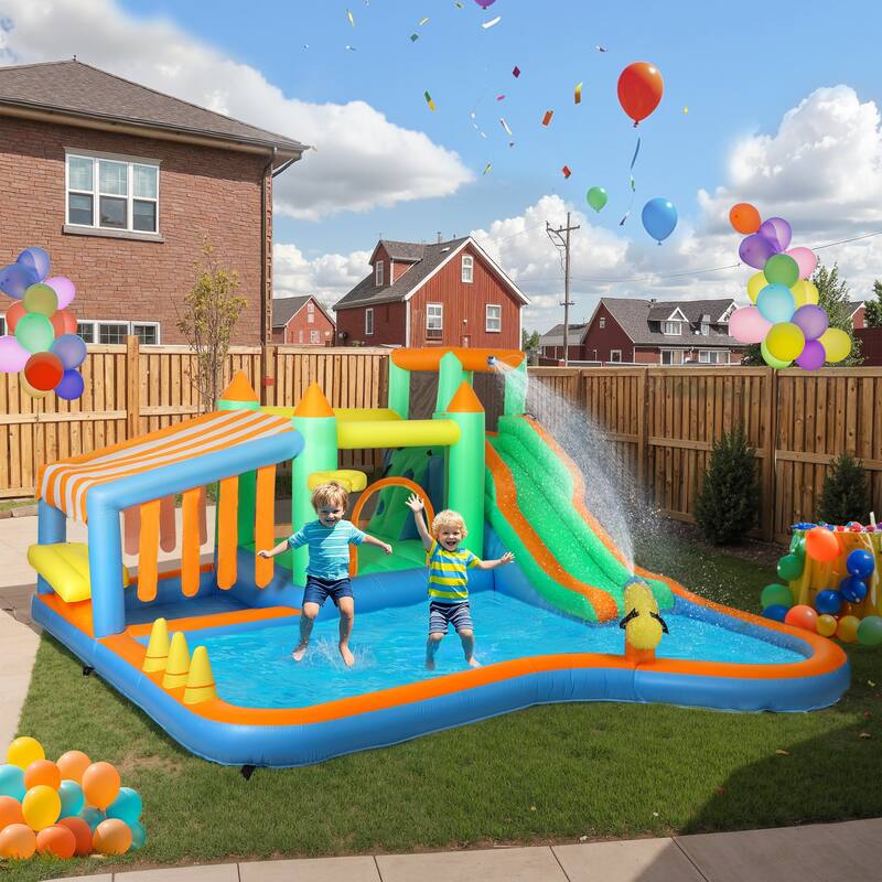 7-in-1 Inflatable Water Park with Slide, Splash Pool, Ball Pit, Trampoline, Climbing Wall & Basketball Hoop - Multi