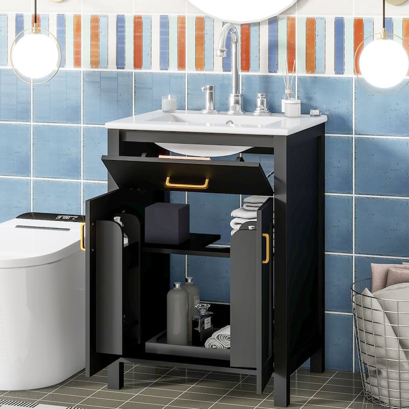 24" Bathroom Vanity with Ceramic Sink, Soft-Close Doors, and Adjustable Shelf - Compact & Modern
