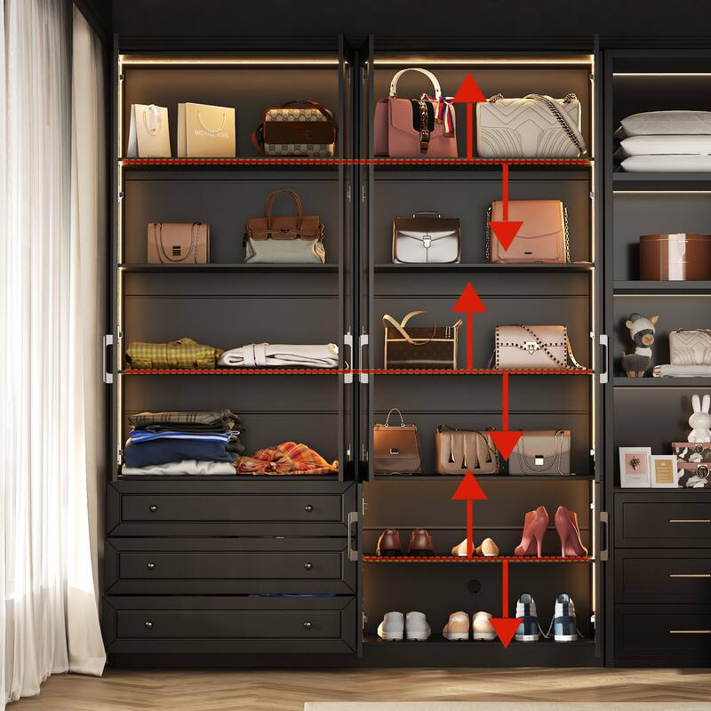 Buffet Display Closet Cabinet Tempered Glass Customizable Lighting Sideboard Bookshelf Pantry - 63"X78.7“
