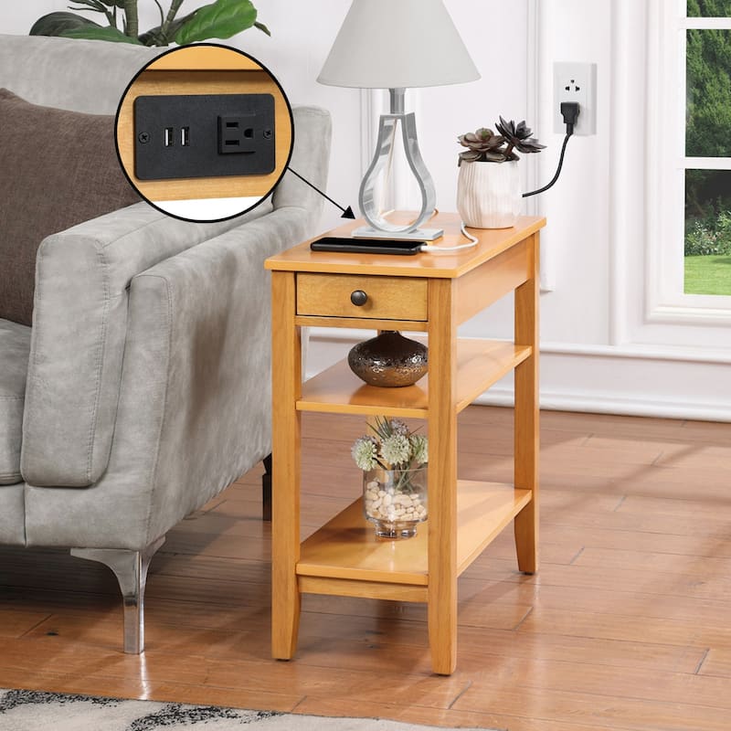 Chairside End Table with One Drawer, USB Ports, Plug Outlet and Shelves, Functional Storage Side Table with Charging Station