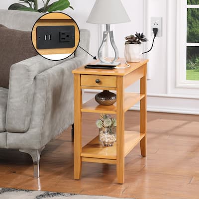 Chairside End Table with One Drawer, USB Ports, Plug Outlet and Shelves, Functional Storage Side Table with Charging Station