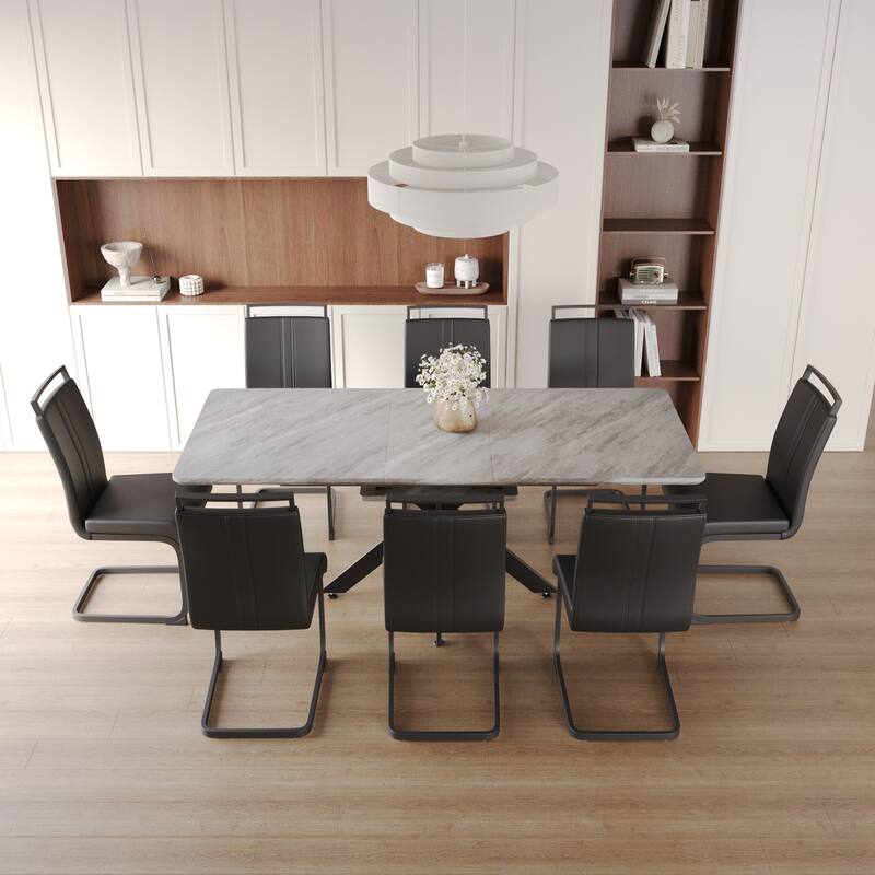 Modern Dining Set with Rectangular Extendable Table & C-shaped Tube Soft Padded Armless Chairs