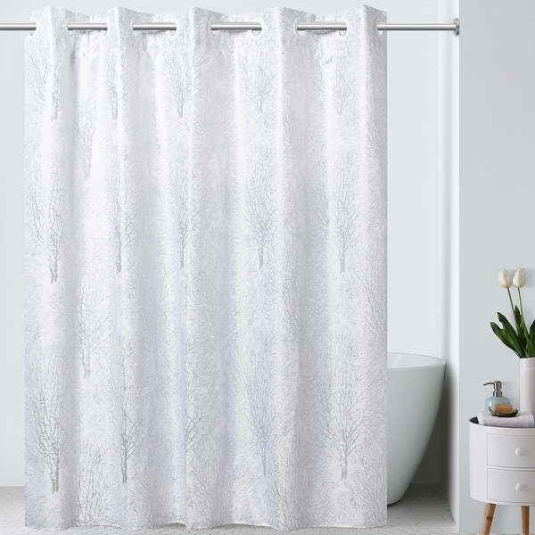 Hookless Silver Branch Print Shower Curtain with Fabric Liner