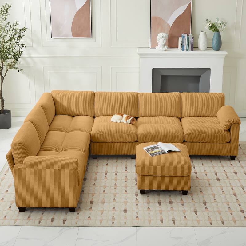 Corduroy Corner Sectional Sofas with a Removable Ottoman, L-shaped Reversible 7-seat Modular Couch