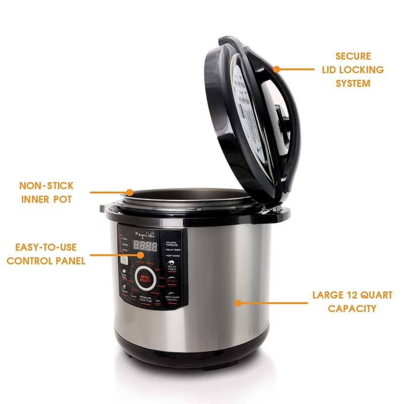 Megachef Digital Pressure Cooker with 12 Quart Capacity- 15 Presets and Glass Lid