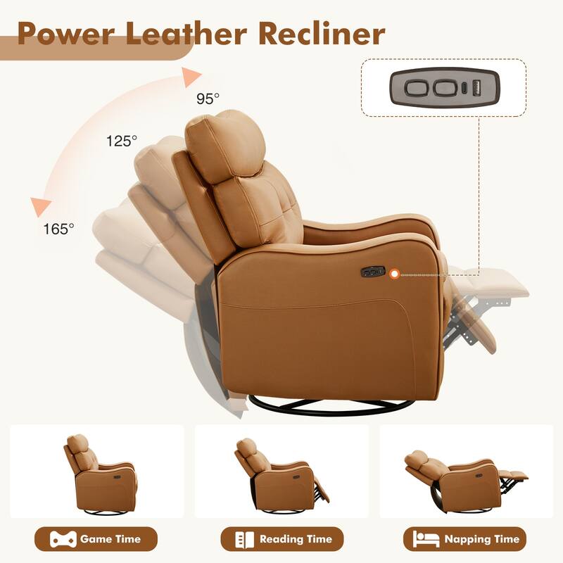 Wide Tufted Back Faux Leather Power Swivel Rocker Recliner With USB and Type-C Port