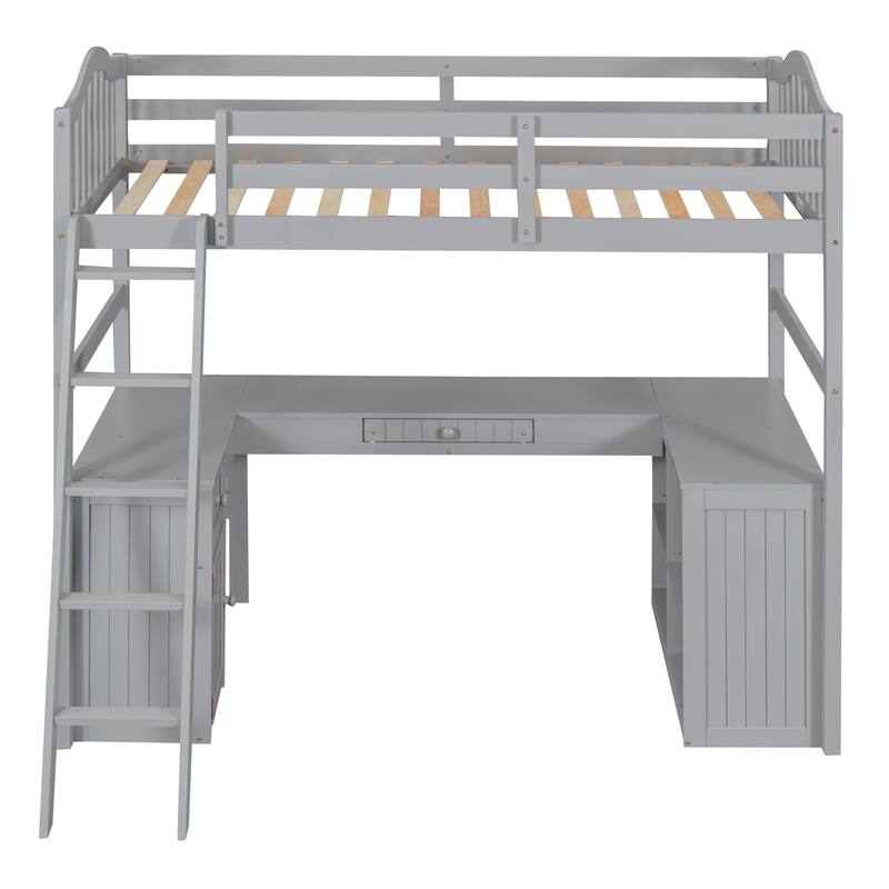 Twin Size Loft Bed with Desk, Storage Drawers, and Shelves, Solid Pine Wood Frame
