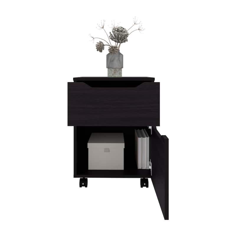 Open Shelves Nightstand With One Door,Modern Bedside Table For Bedroom Storage,Black