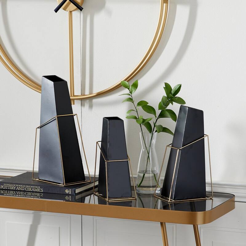 Metal Vase with Gold Wire Accents - Set of 3 Black - Roche River Decor