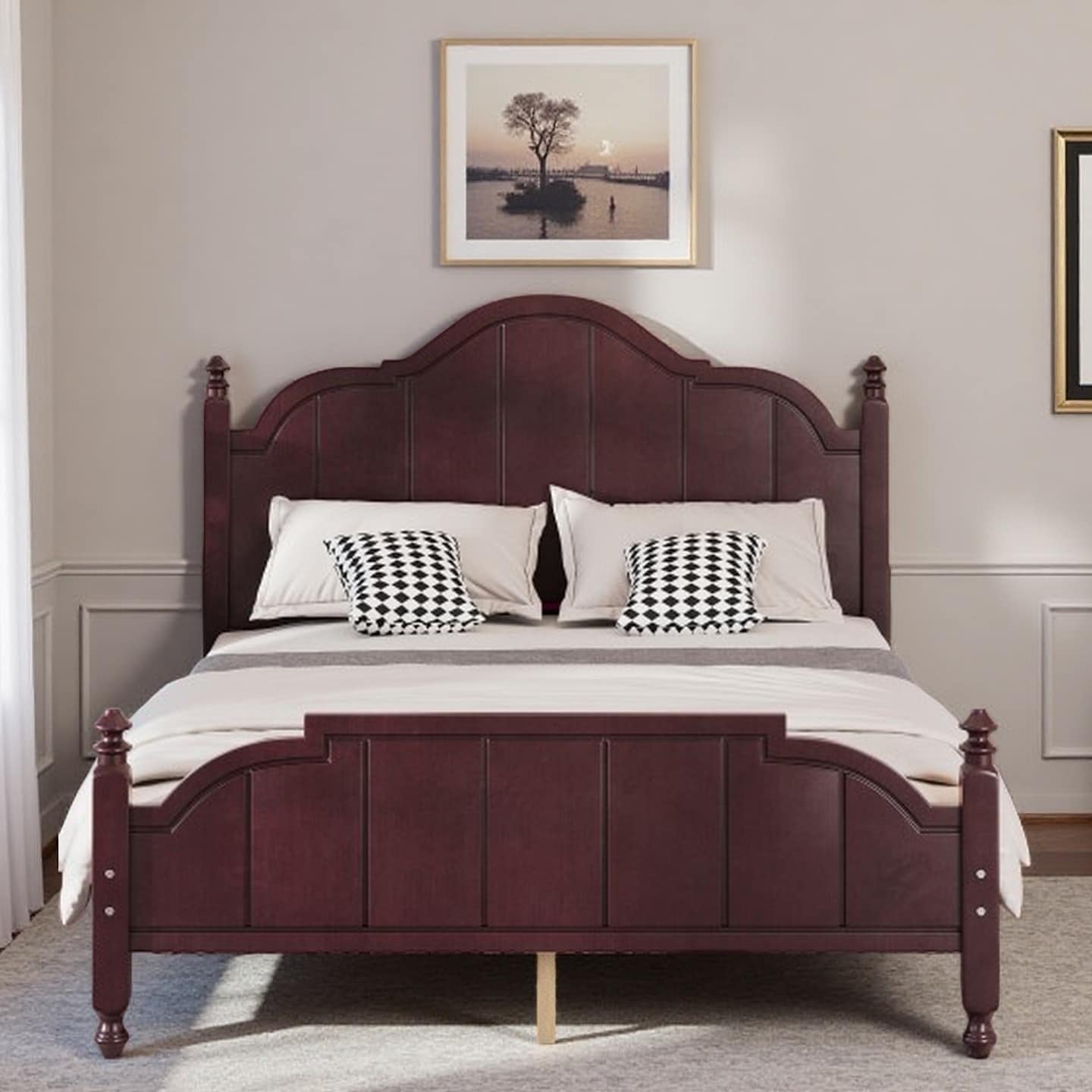 Queen Size Platform Bed with Tall Headboard, Vintage Wooden Frame with Slat Support, Sturdy No-Box-Spring Design