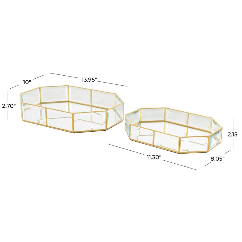Clear Glass Beveled Wide Octagon Decorative Jewelry Box with Gold Metal Frame (Set of 2)