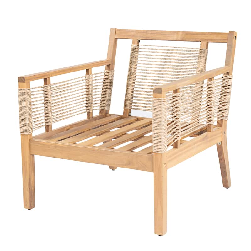 Roomfitters Set of 2 Patio Club Chairs, Outdoor Wood Lounge Chair with Upholstered Cushions, Rope Weave, Teak+ Beige