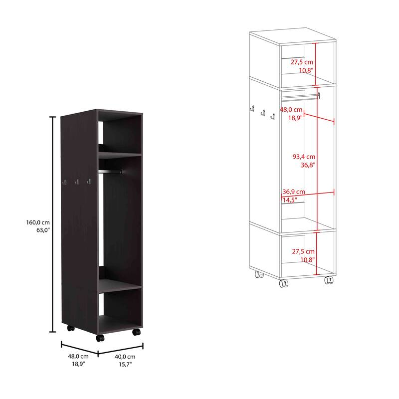 15.7" Modern Mirrored Armoire with Three Shelves, Casters and Hanging Rod